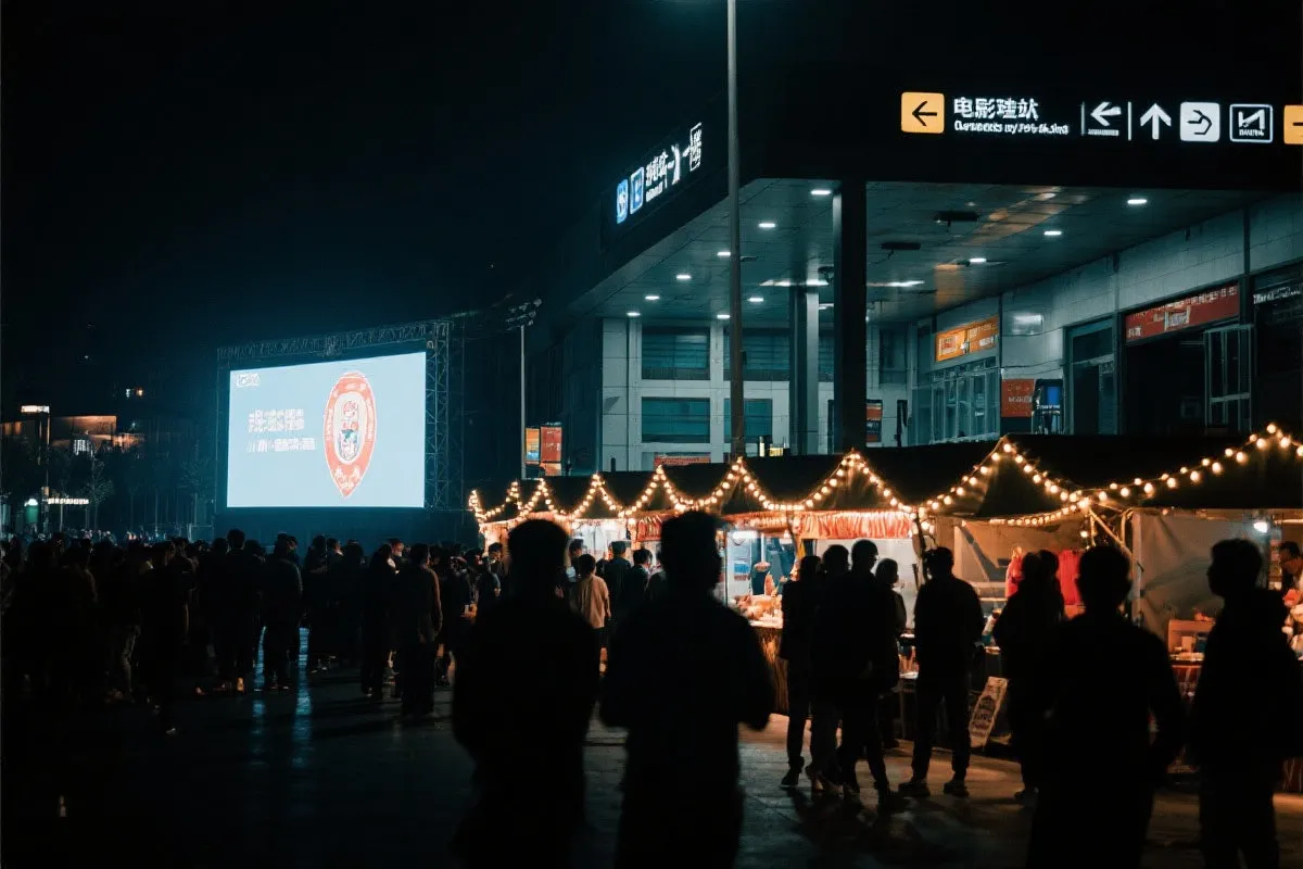 费城球迷广场夜景：大屏观赛人群、步行指示牌与公共交通入口